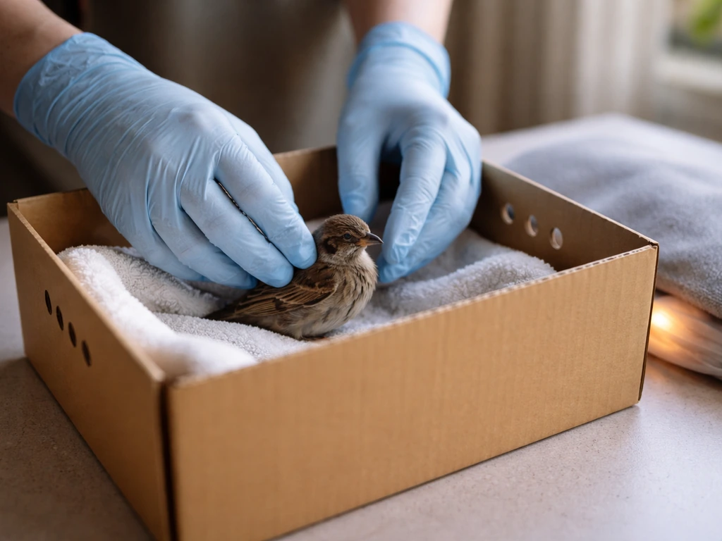 Gloved hands placing a small injured bird into a warm towel-lined ventilated box on a table.