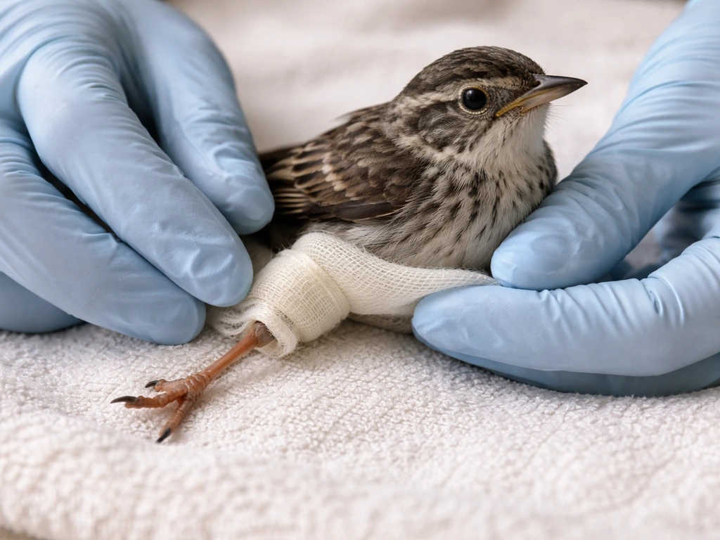 Close-up of gloved hands gently supporting an injured bird’s leg with a soft, non-constricting wrap