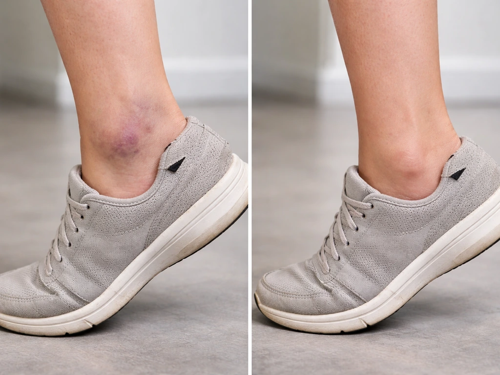 Two adjacent ankle scenes: left off-ground with swelling, right mild swelling with foot touching ground.