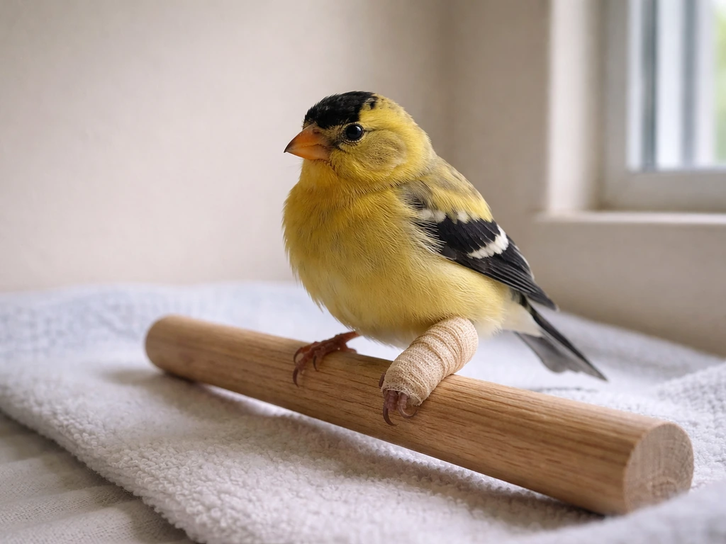 Rehabilitated small bird resting on a calm perch in a quiet room after leg immobilization