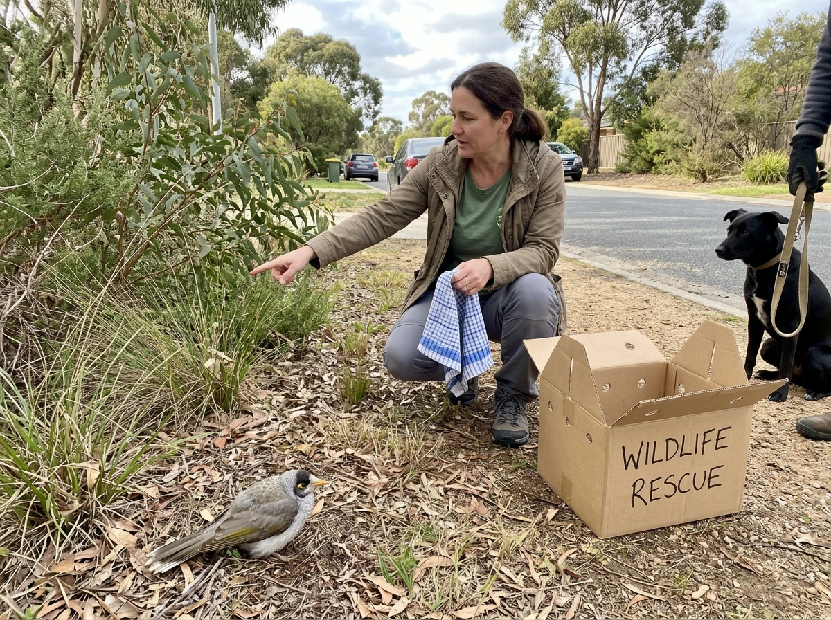 Rescuer preparing to help an injured Australian bird safely before calling wildlife rescue