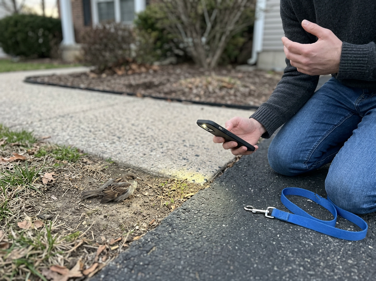 Checking the scene for hazards before approaching an injured bird