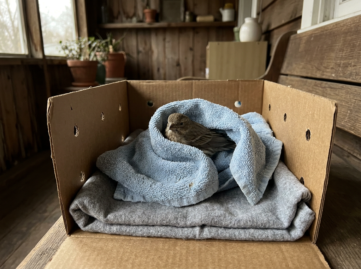 Bird contained, kept warm, dark, and calm in a towel-lined box