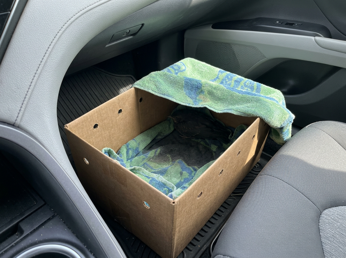 Transporting an injured bird safely with a secured ventilated box