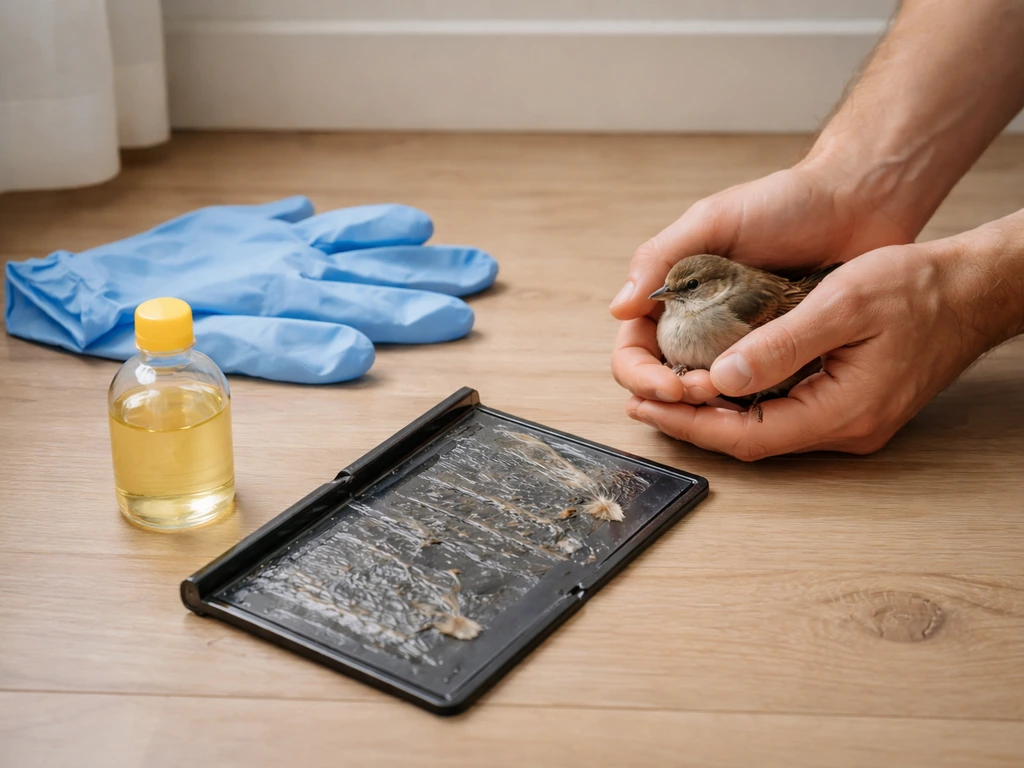 Close-up of a small bird near a glue trap on the floor with gloves and oil nearby for careful rescue.