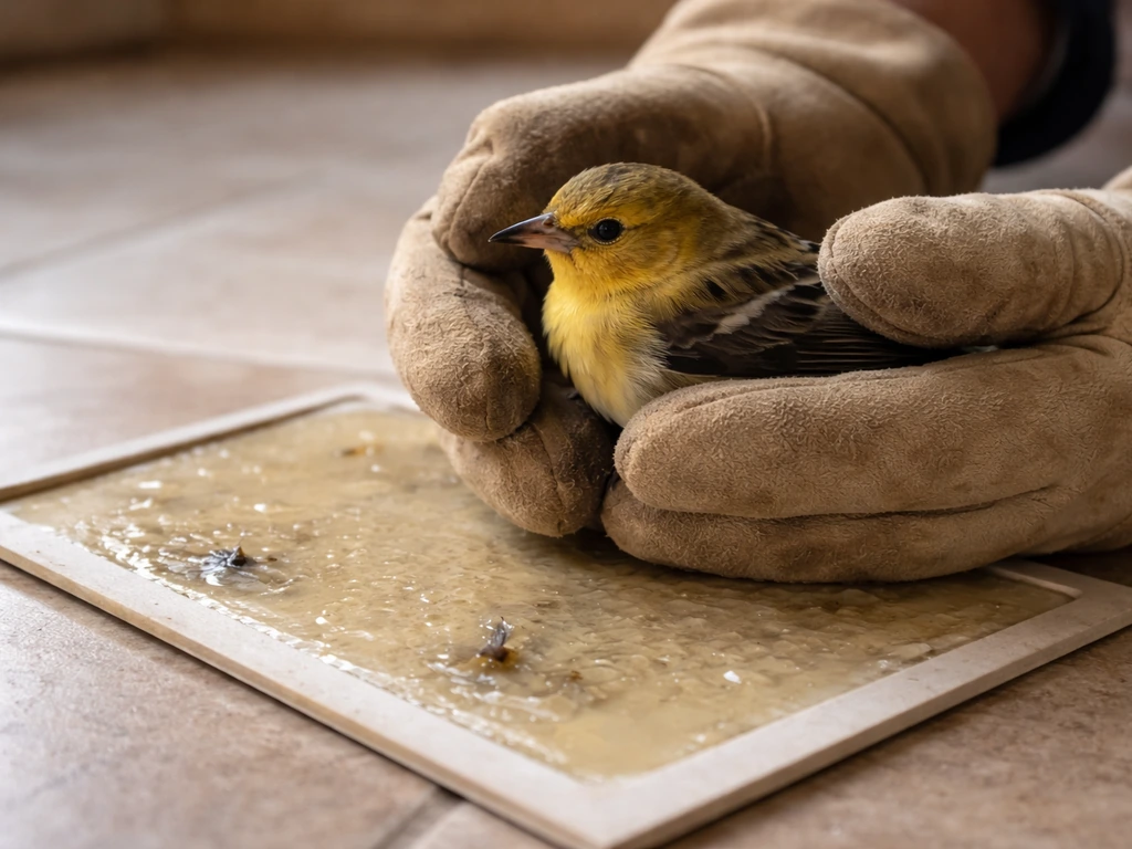 Gloved hands keep a stressed bird calm beside a glue trap in a quiet, safe indoor setting.