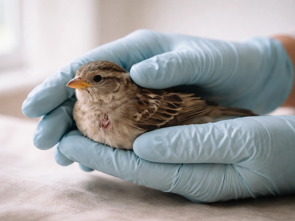 Gloved caregiver gently holds an injured bird while checking its steady breathing and responsiveness.