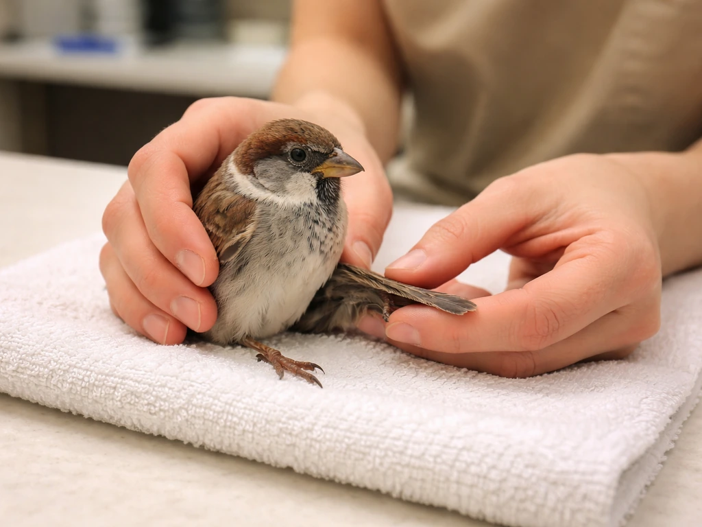 Caregiver’s hands gently inspect a small bird’s wings and legs for symmetry on a soft towel.