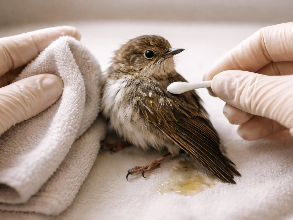 Gloved hands gently applying vegetable oil to a small bird feather, then wiping with a damp cloth