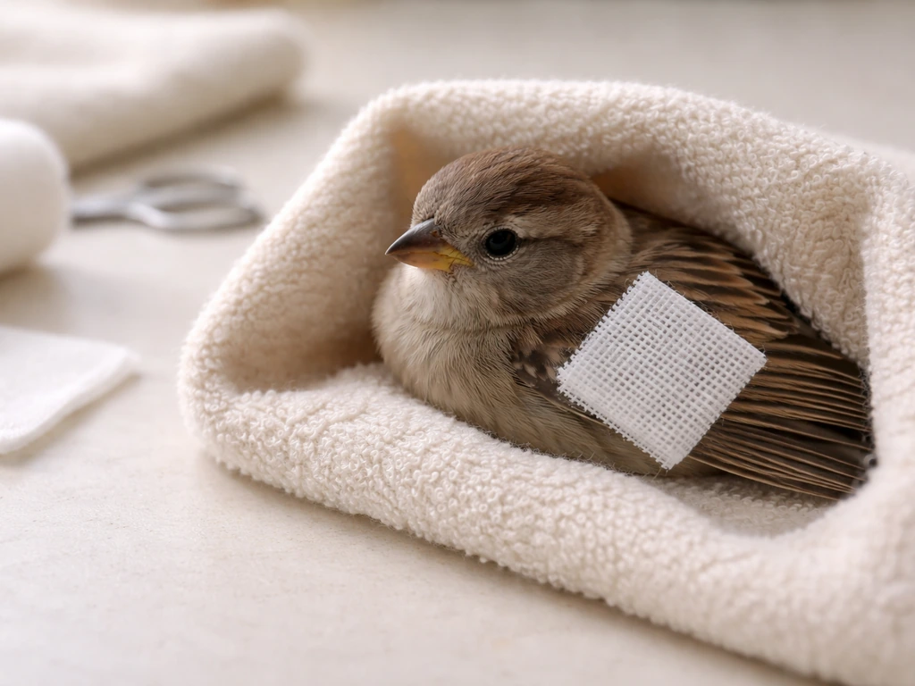 Small bird wrapped in a soft towel with gauze gently placed for immediate first-aid pressure.