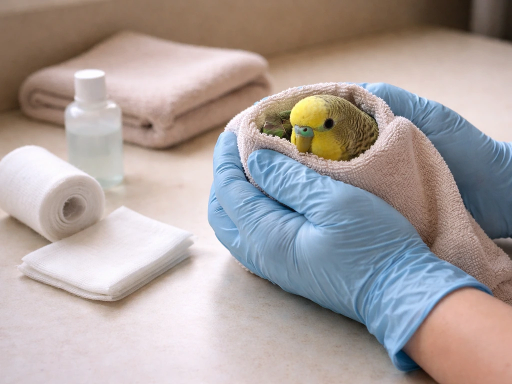 Gloved hands gently towel-wrap a small bird beside gauze and bandage for first aid.