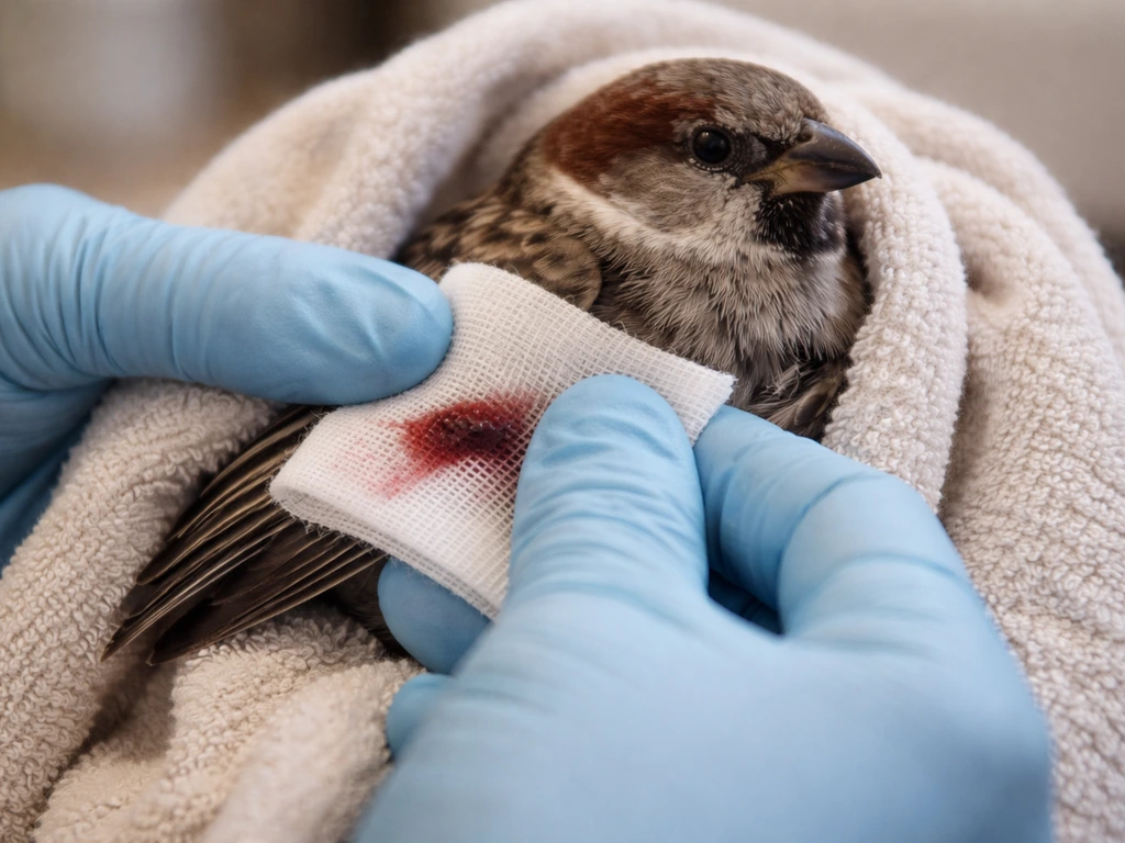 Close-up of sterile gauze pressed on a wrapped bird’s wing to stop bleeding