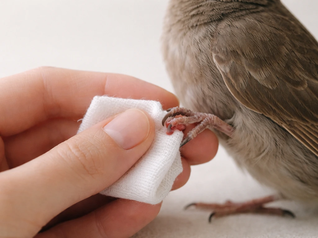 Person gently holding a bird’s foot while gauze is ready to apply pressure to a bleeding nail.