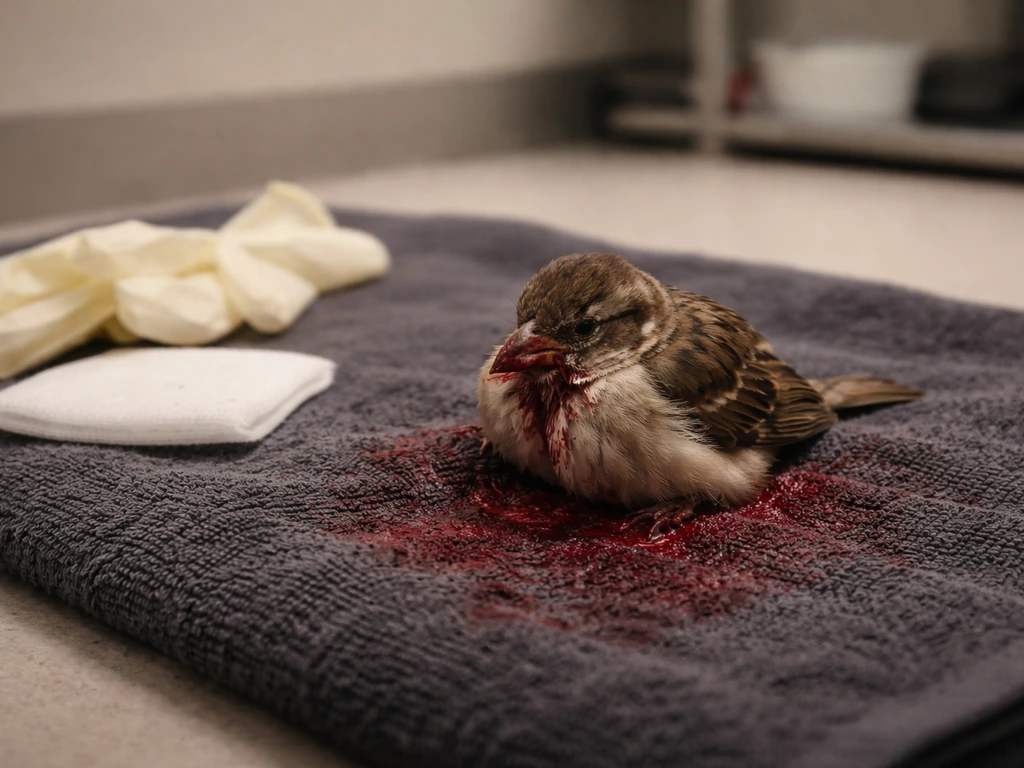 Injured small bird on a dark cloth with active bleeding indicated by soaking cloth, emergency care setting