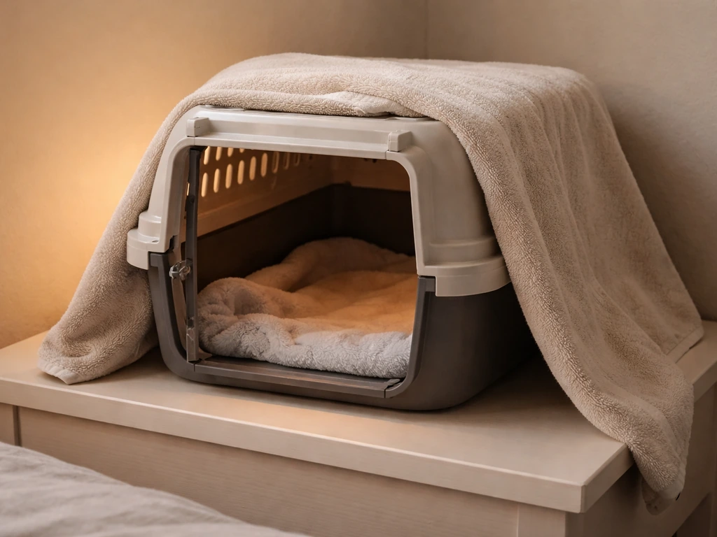 Small warm, dim carrier with soft cloth lining prepared for an injured bird recovery
