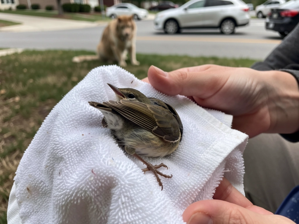 Towel-covered injured songbird being carefully contained before further handling