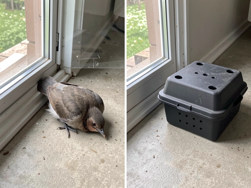 Stunned window-strike bird on the ground next to a dark ventilated container