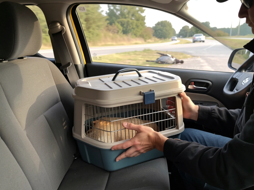 Ventilated bird transport box secured in car for emergency travel
