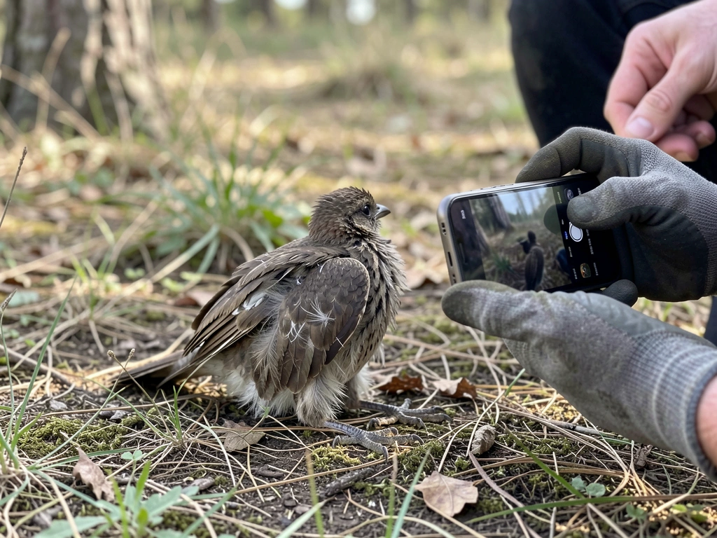Gloved helper photographs a dazed injured bird to share with a wildlife rehabber.