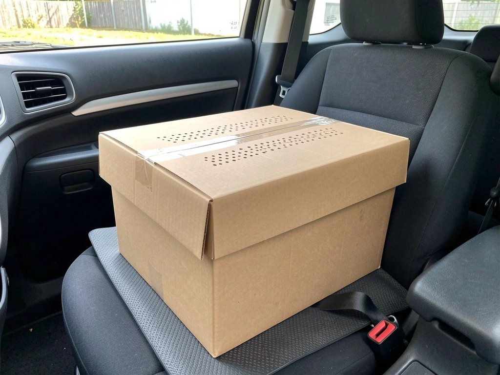 Closed ventilated bird box secured in a car for safe transport to a vet.