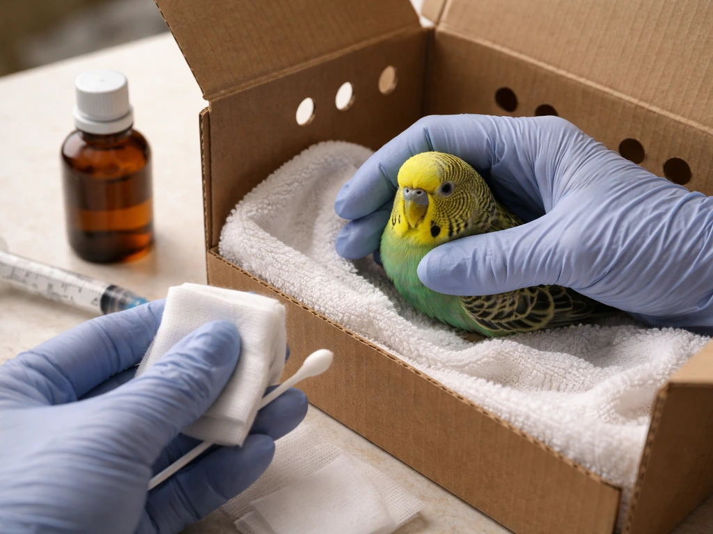 Gloved hands provide first aid to a small pet bird in a clean transport box after a cat bite.