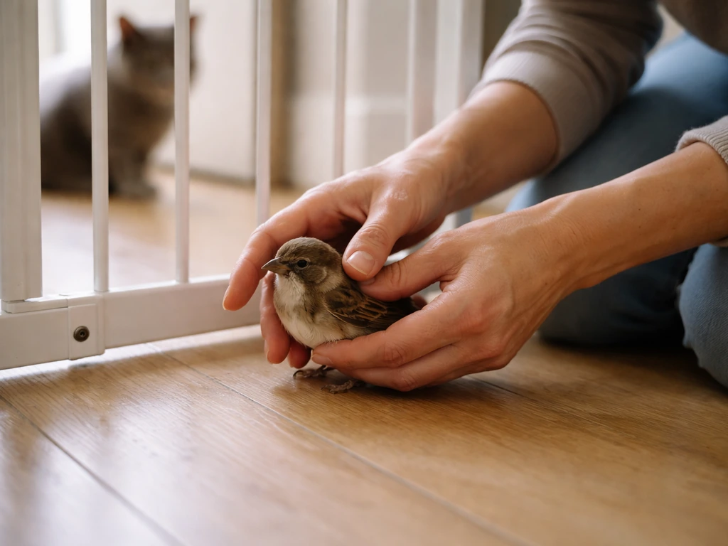Caregiver gently separates an injured bird from a cat-safe barrier while doing a quick visual check.