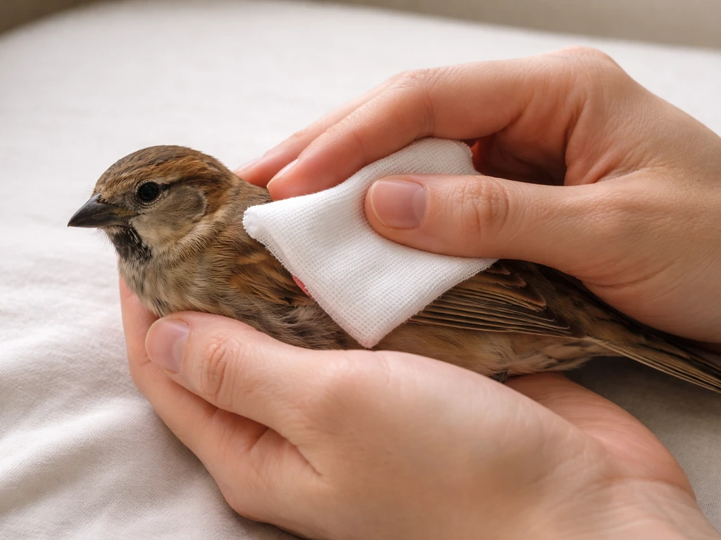 Caregiver applying gentle, continuous pressure with a clean cloth to a small puncture wound on an injured bird