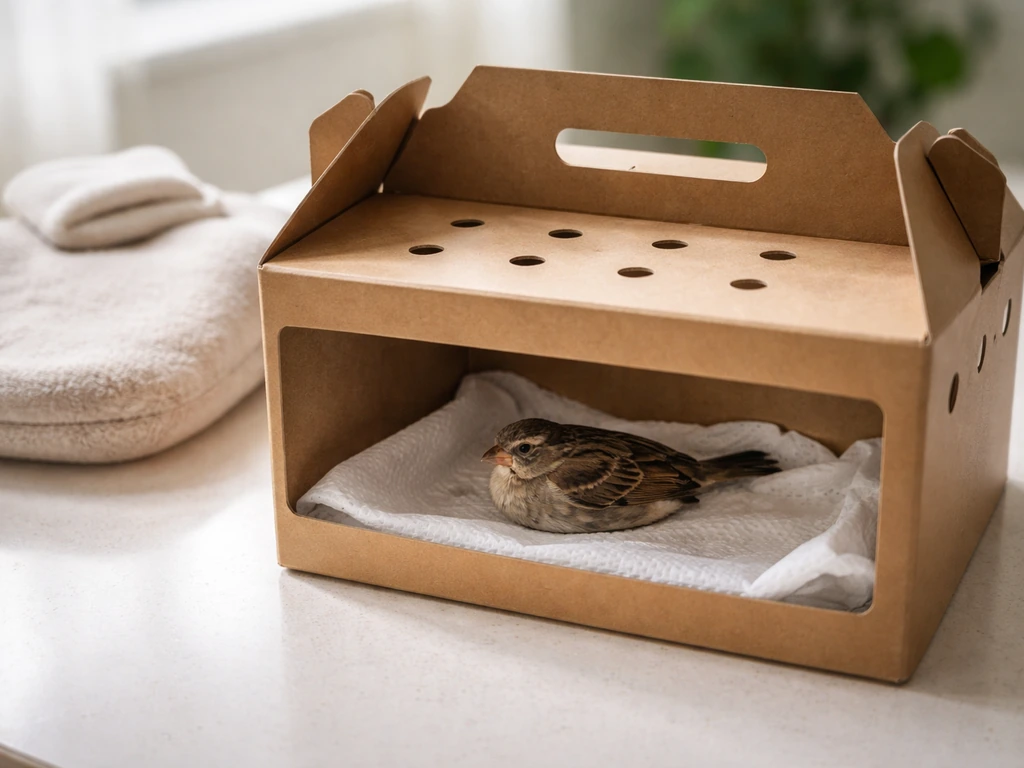 Ventilated cardboard box lined with soft cloth, housing an injured bird in a quiet, temperature-safe setting.