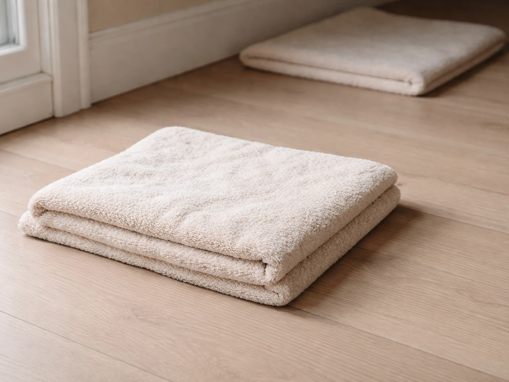 Soft towel laid on floor to create a non-slip safe space for an injured bird during first aid.
