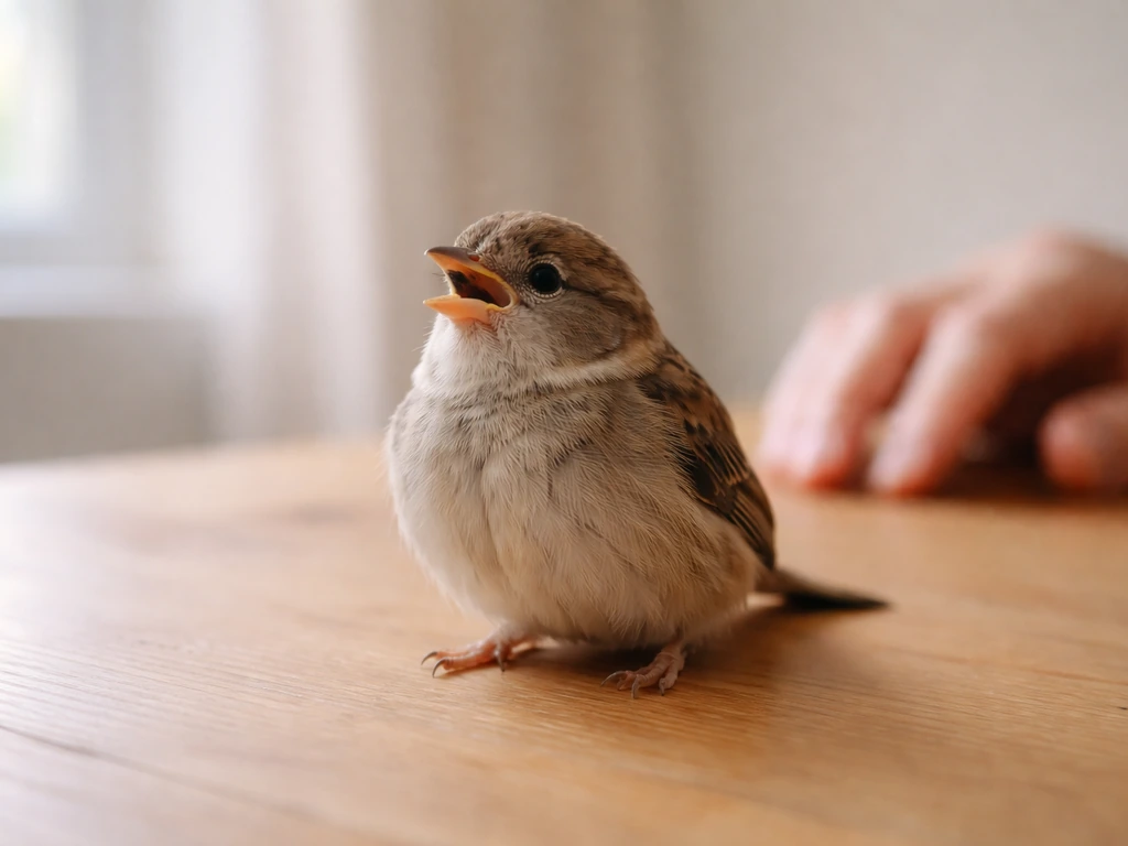 A small bird on a wooden table near a window, mouth slightly open as if struggling to breathe.