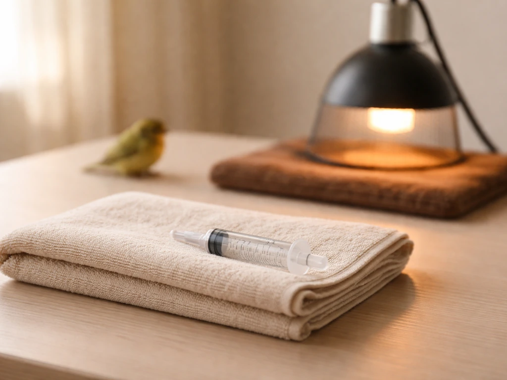 Warm, safe bird care setup with a small dropper and gentle heat source in a quiet indoor setting