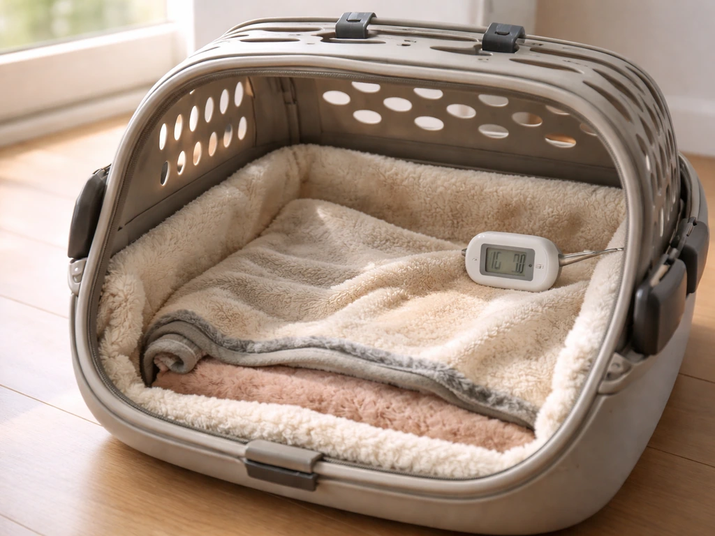 Warm travel carrier with soft bedding and a heat source, arranged to keep an injured bird stable en route.