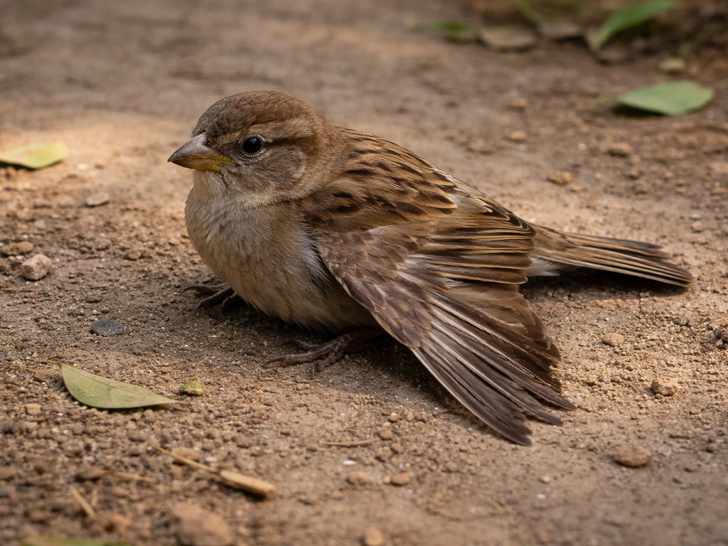 Grounded wild bird with a drooping injured wing, alert and unable to fly in a quiet outdoor spot.