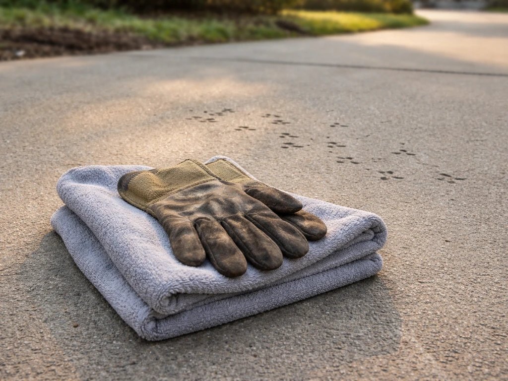 Gloves and a towel laid out on a driveway for safely approaching an injured wild bird