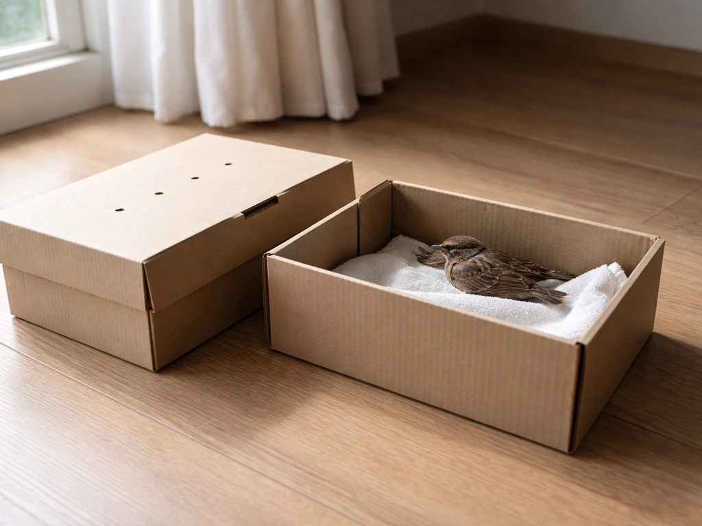 A shoebox with lid and ventilation holes contains a small wild bird resting on a cloth.