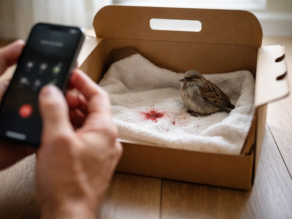 Hands on a phone call beside a small injured bird in a towel-lined box.