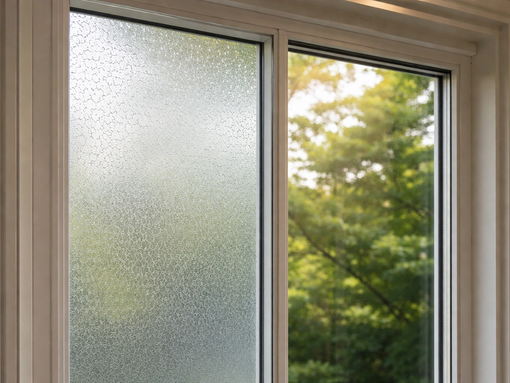 Residential window close-up showing bird-safe film on one pane and reflective untreated glass on the other.