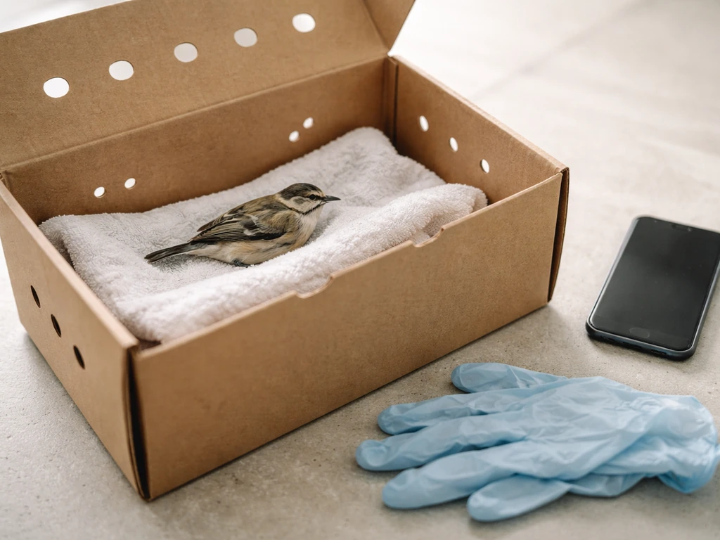 Wild bird lying still on a towel in a rescue box with gloves and a phone nearby for urgent care.