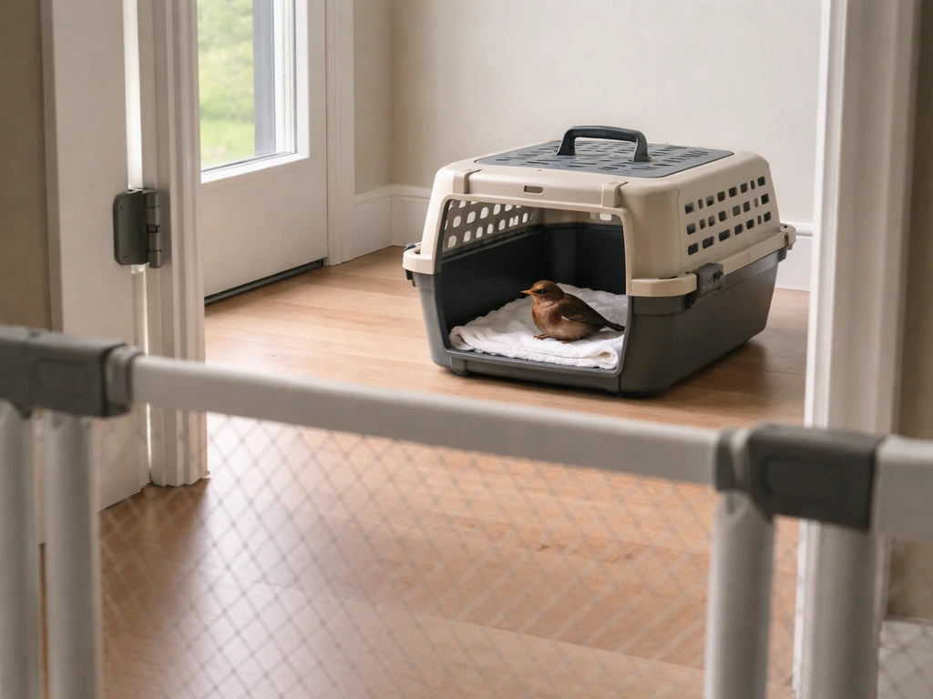 A ventilated container with a resting bird on the floor, separated from pets by a barrier out of frame.