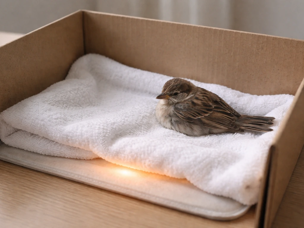 A rescued bird resting in a simple box while a low heating pad warms it from beneath