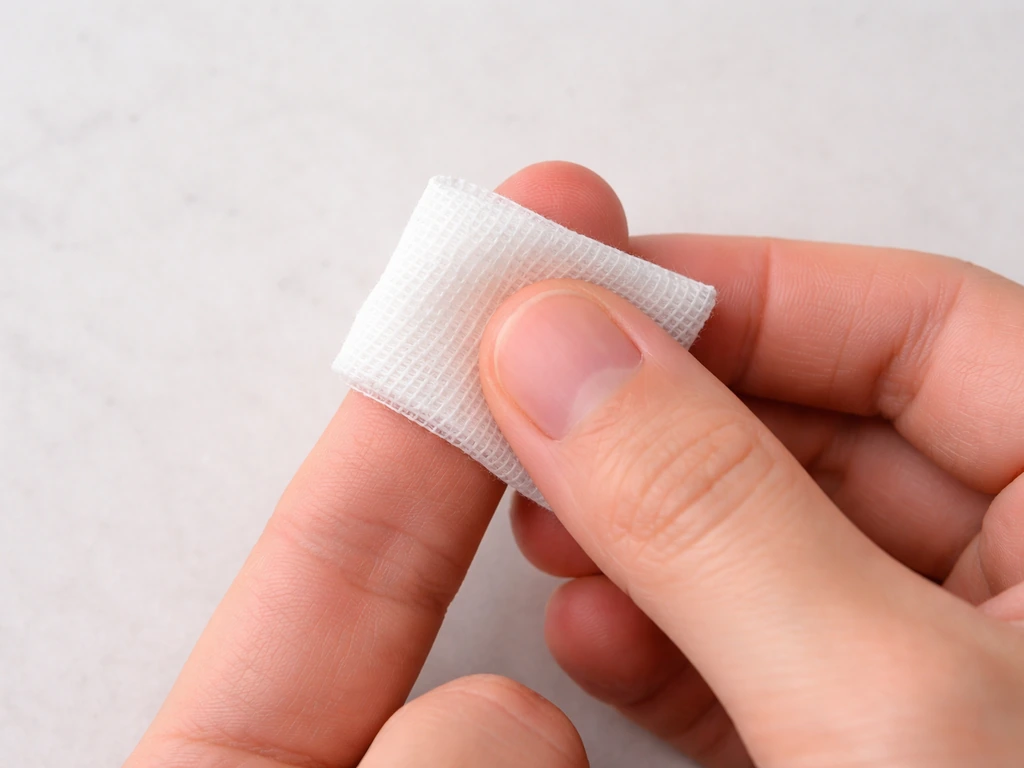 Overhead view of clean gauze gently pressed on a small finger wound.