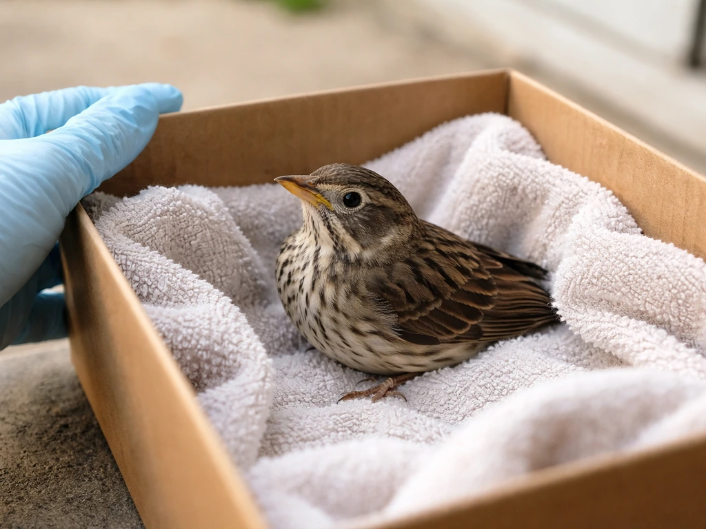 Small wild bird in a towel-lined container, safely supported right after release for first aid steps.