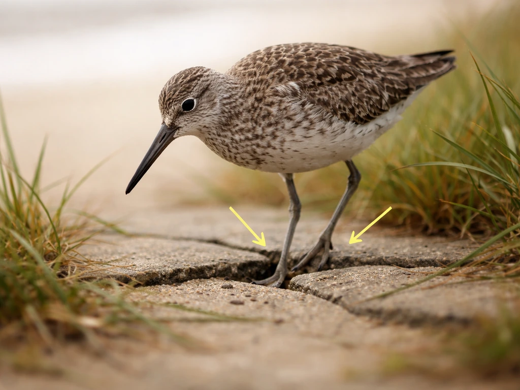 Wild shorebird with one leg trapped in a small adhesive gap between stones, arrows point to what to check first.