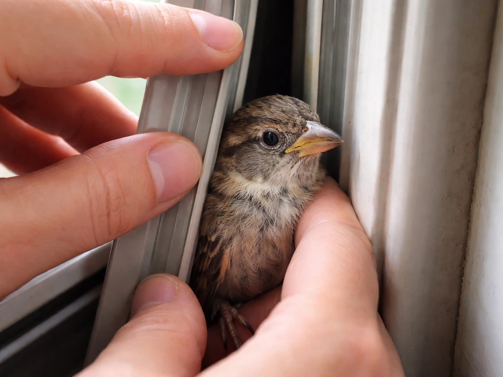 Hands gently easing open a window gap to release pressure on a small bird