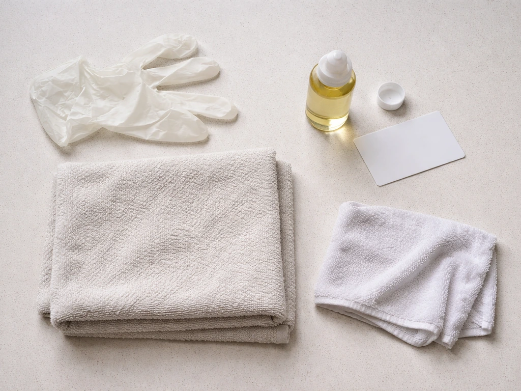 Overhead view of calm bird rescue setup: gloves optional, towel, and release oil on a small work surface.
