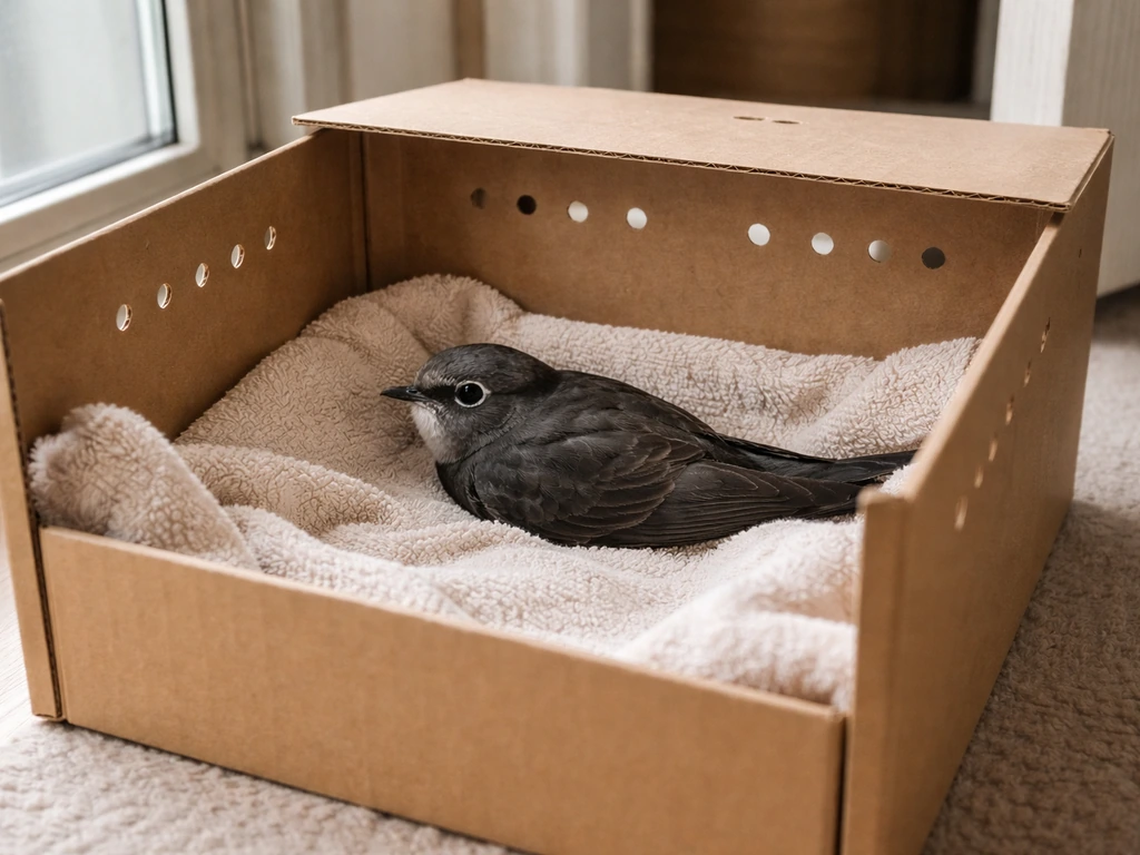 Rescued small dark bird resting in a ventilated box with soft lining near a window.