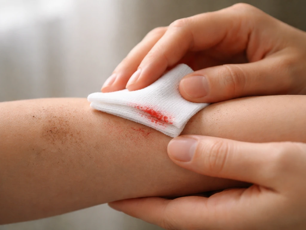 Close-up of hands applying clean gauze with gentle light pressure to a minor bleeding area