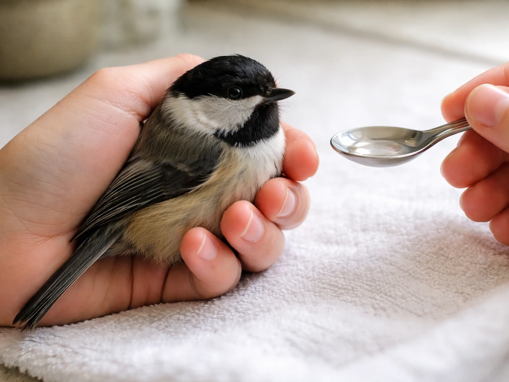 Small calm bird gently supported in safe hands while being checked for hydration near a shallow water cup.