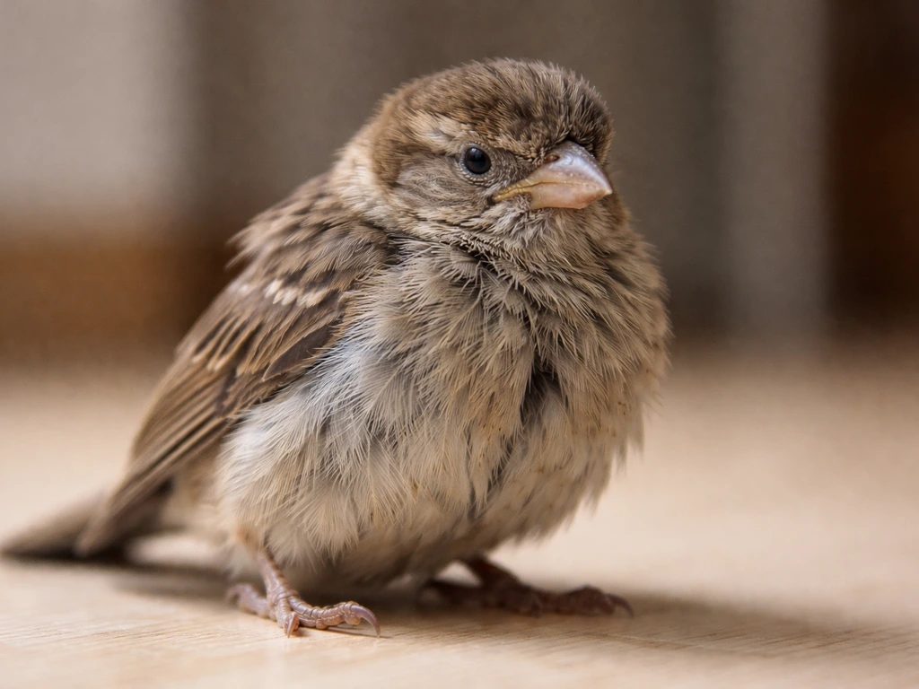 Close-up of a still small bird with fluffed feathers and dull gaze indicating dehydration risk signs
