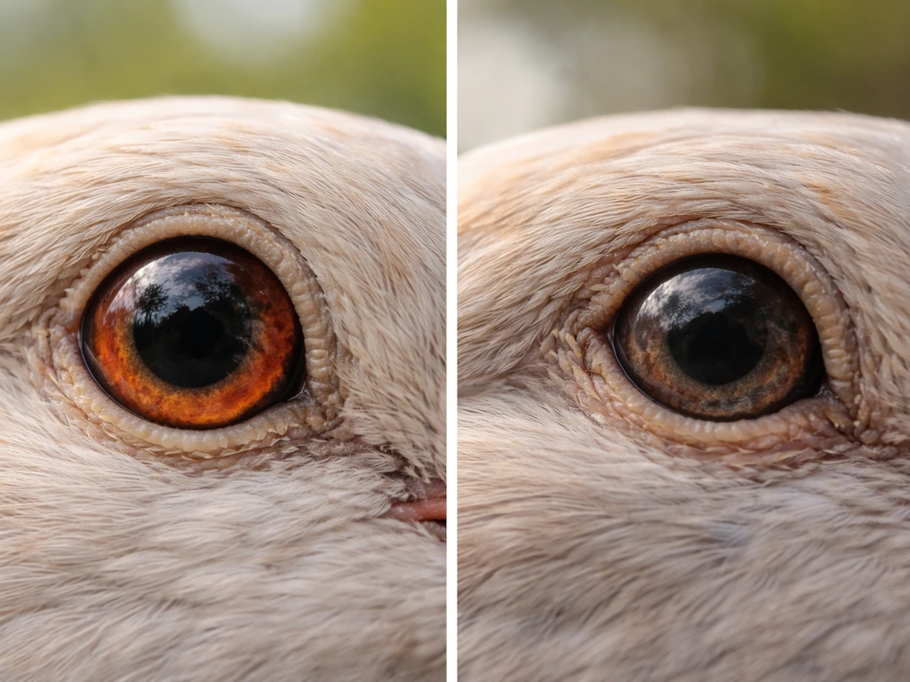 Side-by-side close-up comparing bright hydrated and dull sunken dehydrated bird eyes